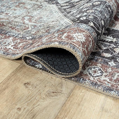 Bloom Rugs Washable Non-Slip 9' x 12' Rug - Charcoal/Brown Traditional Medallion Area Rug for Living Room, Bedroom, Dining Room, and Kitchen - Exact Size: 9' x 12'