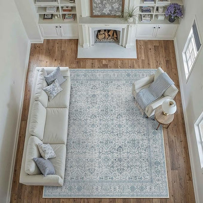 Area Rug 8x10 Blue Washable Living Room Carpet Soft Non Slip Vintage Bedroom Indoor Office Traditional Retro Distressed Large Thicker Throw Rug for Dining Room Playroom