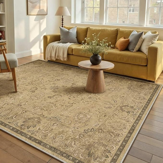 HUGEAR 5x7 Machine Washable Area Rugs Vintage Brown - Neutral Living Room Bedroom Rug Non Slip Stain Resistant Low Pile Aesthetic Throw Carpet Kids & Pet Friendly