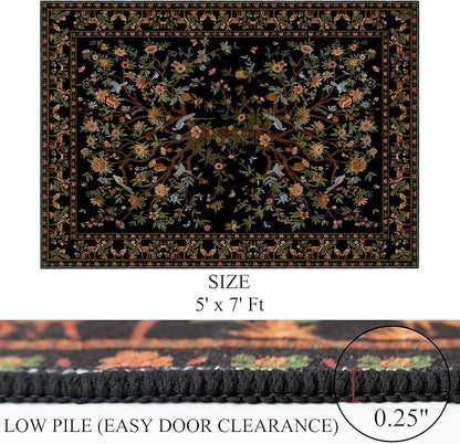 Black Rug for Living Room 5x7 Area Rugs, Machine Washable Non-Slip Carpet, Boho Floral Low Pile Throw Rugs for Bedroom, Dining Room, Office, Nursery, Vintage Home Decor