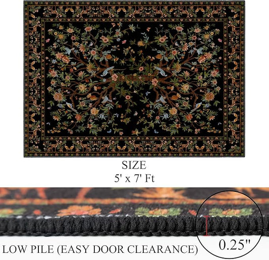 Black Rug for Living Room 5x7 Area Rugs, Machine Washable Non-Slip Carpet, Boho Floral Low Pile Throw Rugs for Bedroom, Dining Room, Office, Nursery, Vintage Home Decor