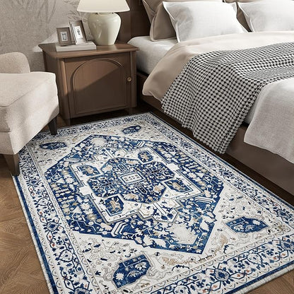 EnHomee 4x6 Area Rugs for Living Room, Boho Area Rug, Machine Soft Washable Rug for Bedroom, Living Room Rug, Non-Slip, Low-Pile, Dining Room Indoor Home Decor, Colorful Print, Blue and White