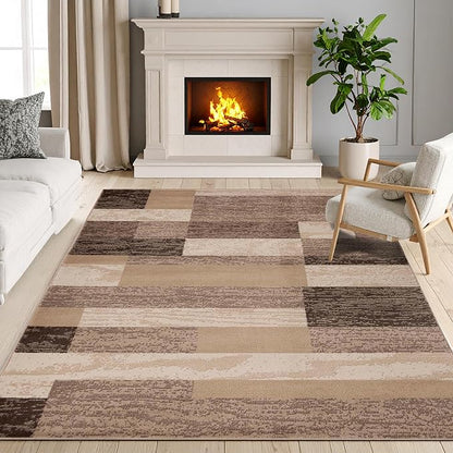 Superior Indoor Area Rug, Jute Backing, Plush Modern Rugs for Entryway, Kitchen Floors, Office Floor Cover, Color Block Rugs, Rockwood Collection, 7' x 9', Beige