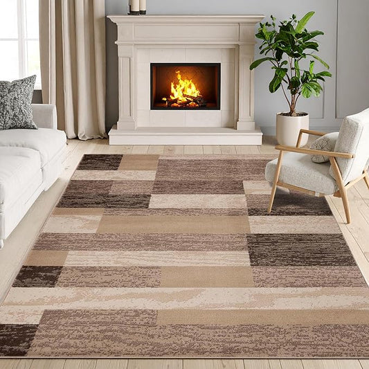 Superior Indoor Area Rug, Jute Backing, Plush Modern Rugs for Entryway, Kitchen Floors, Office Floor Cover, Color Block Rugs, Rockwood Collection, 7' x 9', Beige
