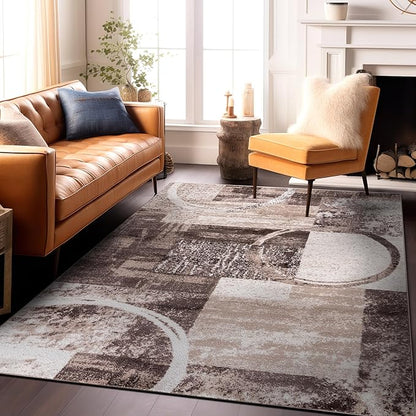 Rugshop Contemporary Abstract Circle Design Area Rug, Non-Shedding Carpet for Dining Room, Living Room, or Bedroom, Brown, 6'6" x 9'