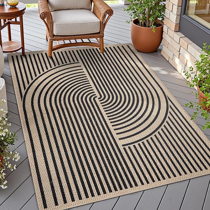 Tangsoo Easy Jute 3x5 Outdoor Rug for Living Room,Non-Slip Thin Black Rainbow Indoor Area Rug,Washable Boho Farmhouse Carpet for Front Porch Bedroom Patio Entryway Balcony