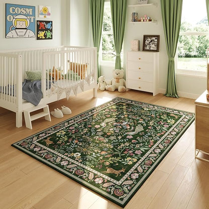 Living Room Rug 6x9 Rug Machine Washable Area Rug Floral Non-Slip Low Pile Large Rug for Living Room, Bedroom, Farmhouse, Dining Room, Kids Playroom (Emerald Green)