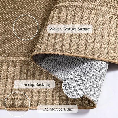 Moynesa Brown Striped Border Easy Jute Outdoor Indoor 5x7 Area Rugs for Living Room, Washable Non Slip Rug for Backyard Patio Balcony Dining Room Bedroom, Farmhouse Carpet for Fall Winter Decor