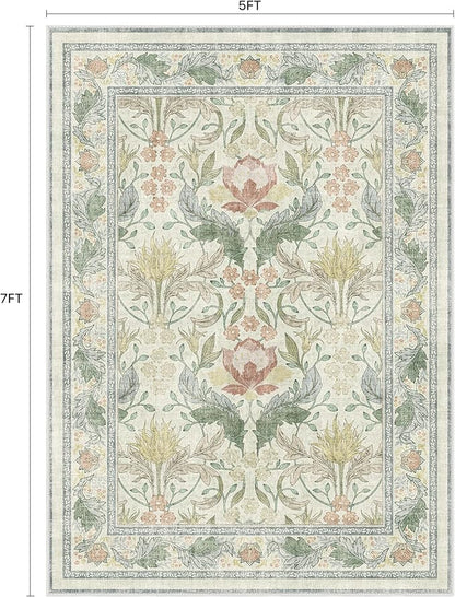 Bavni 5x7 Area Rugs for Living Room, Microfiber Machine Washable Non-Slip Vintage Floral Rug, Low Pile Lightweight Carpet for Bedroom, Dining Room, Home Office, Beige&Green