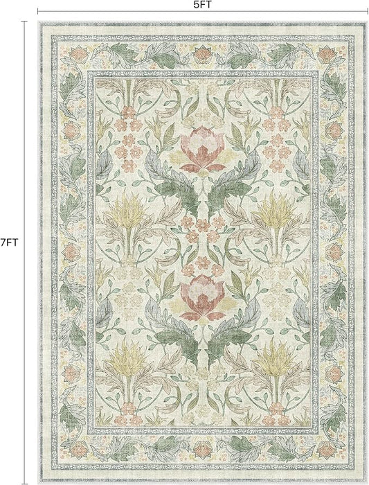 Bavni 5x7 Area Rugs for Living Room, Microfiber Machine Washable Non-Slip Vintage Floral Rug, Low Pile Lightweight Carpet for Bedroom, Dining Room, Home Office, Beige&Green