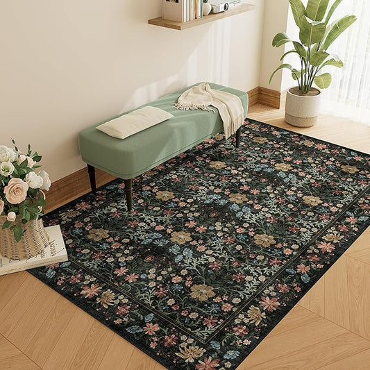 DUKINO 3x5 Area Rug, Vintage Floral Washable Rug for Bedroom with Non Slip Design, Soft Low Pile Indoor Small Carpet for Bedroom, Farmhouse, Living Room, Office, Bathroom, Black