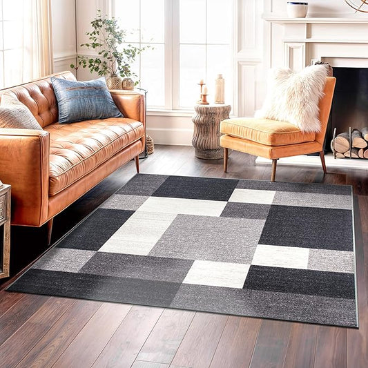 Rugshop Modern Boxes Design Non-Slip (Non-Skid) Square Dining Room, Living Room, Kitchen Area Rug 6'6" x 6'6" Gray