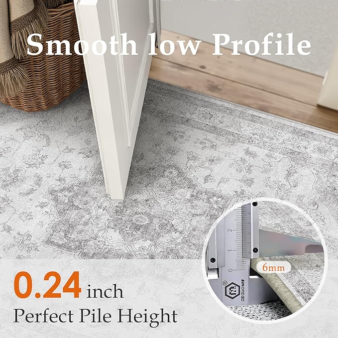 Grey Gray Area Rug 5x7 Washable Vintage Carpet for Living Room Office Soft Retro Low Pile Thin Indoor Rug Non Slip Oriental Medallion Floor Cover for Bedroom Dining Room