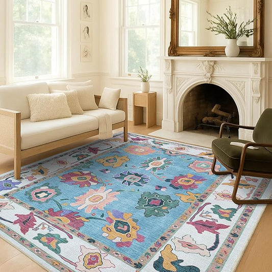Fame Living Colorful Oushak Rug, Modern, Vintage, Turkish, Eclectic, Floral, Pastel, Washable, Large Area Rugs for Living Room, Dining, Bedroom, Girls, Boys, 7'5"x9'8"