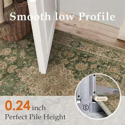HUGEAR 2x6 Runner Rug Hallway Machine Washable Retro Green Vintage Floral Low Pile Carpet Distressed Long Throw Rug Bedroom Office Bathroom Kitchen Laundry Non Slip Soft Lightweight