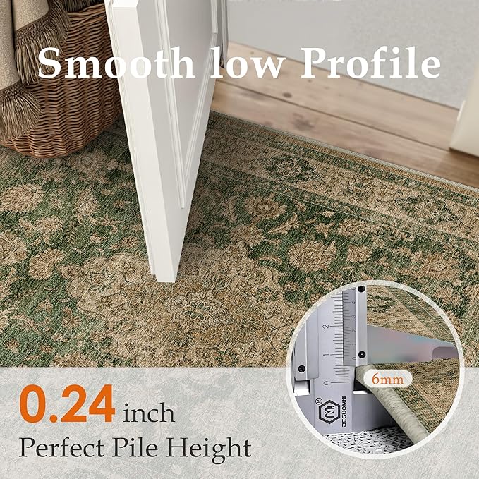HUGEAR 3x8 Runner Rug Hallway Machine Washable Retro Green Vintage Floral Low Pile Carpet Distressed Long Throw Rug Bedroom Office Bathroom Kitchen Laundry Non Slip Soft Lightweight