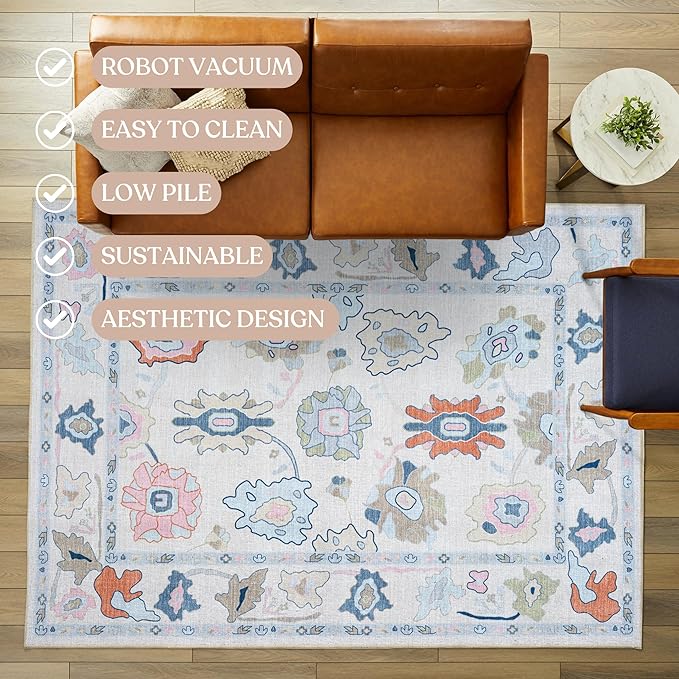Fame Living Cream Oushak Rug, Modern, Vintage, Turkish, Eclectic, Floral, Pastel, Washable, Area Rugs for Living Room, Dining, Bedroom, Nursery, Girls, Boys, 5'9"x8'9"