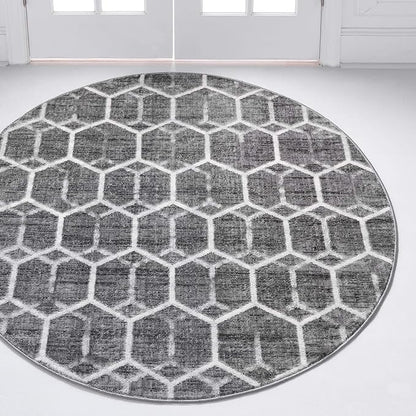 Rugs.com Lattice Trellis Collection Rug – 5 Ft Round Gray Low-Pile Rug Perfect for Kitchens, Dining Rooms