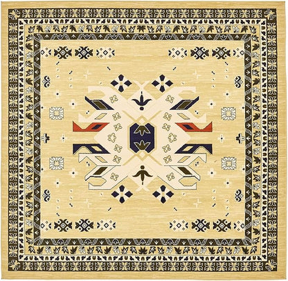 Unique Loom Taftan Collection Border Geometric Tribal Inspired Design Area Rug (8' 0 x 8' 0 Square, Gold/ Gray)