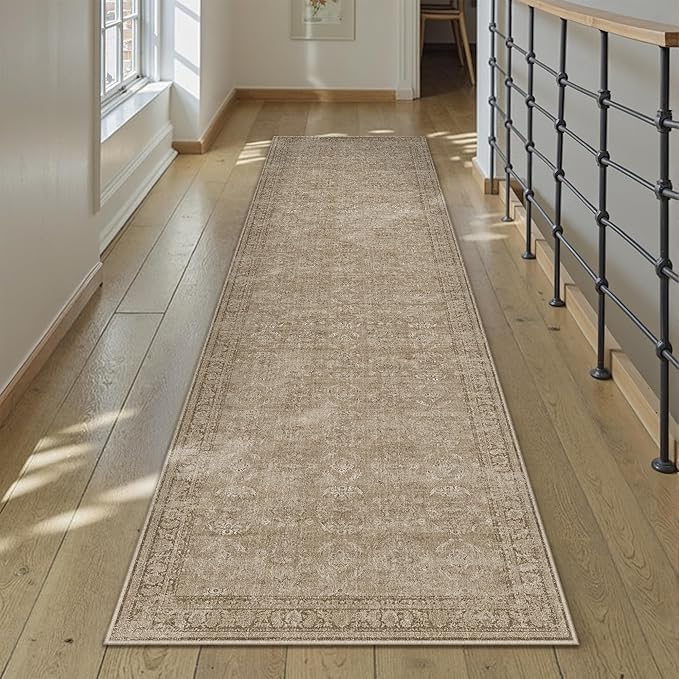 2x8 Light Brown Area Rug Runners for Hallways Washable Vintage Distressed Carpet Low Pile Non Slip Indoor Retro Soft Long Accent Rug Bedroom Kitchen Bathroom Laundry Dining Living Room