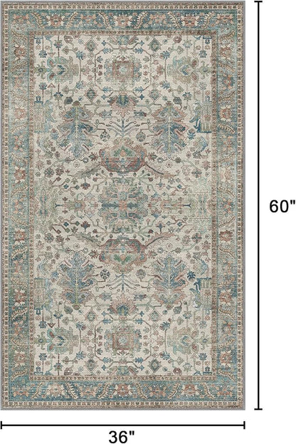 Bavni Area Rug 3x5, Non-Slip Washable Rugs for Living Room Office, Boho Distressed Printed Rug, Low Pile Foldable Decorative Carpet for Bedroom Kitchen Office, Blue/Ivory