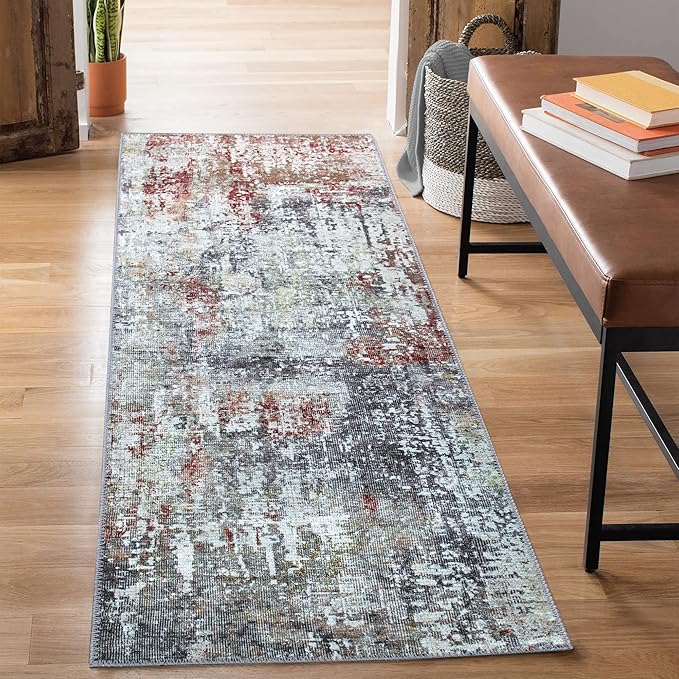 Bloom Rugs Washable Non-Slip 7 ft Runner - Gray/Red/Brown Modern Abstract Runner for Entryway, Hallway, Bathroom, and Kitchen - Exact Size: 2.5' x 7'