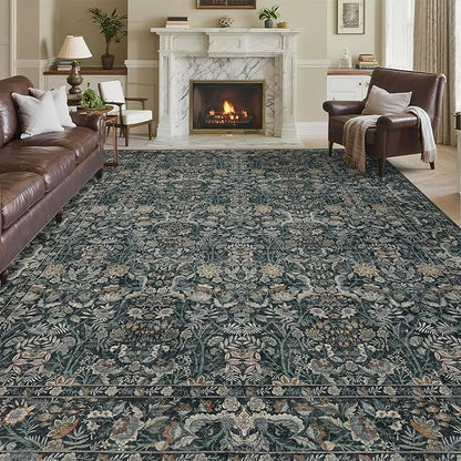 Washable Living Room Rug: 8x10 Boho Floral Soft Area Rug for Bedroom Decor - Vintage Low Pile Thin Carpet for Dining Room Non-Slip - Farmhouse Stain Resistant Rugs - Dark Green