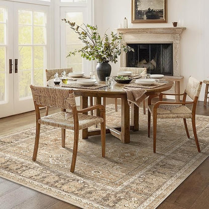 HelloTree Washable Rugs 5x7 Area Rug for Living Room, Vintage Boho Khaki Rug Non Slip Carpet Retro Accent Indoor Mat Print Distressed Low Pile Throw Large Rug for Office Bedside-Khaki