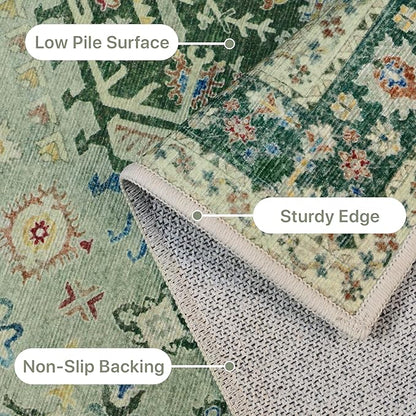 Bavni Washable Runners for Hallways 2X10, Ultra-Thin Non Slip Long Runner Rug, Print Vintage Aesthetic Carpet Runner, Low Pile Rugs for Kitchen Porch Bedroom, Green