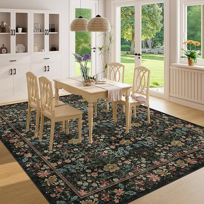 DUKINO 8x10 Area Rugs for Living Room, Vintage Floral Washable Rug with Non Slip Backing, Soft Low Pile & Non-Shedding Large Carpets for Bedroom, Farmhouse, Dining Room, Home Office, Black