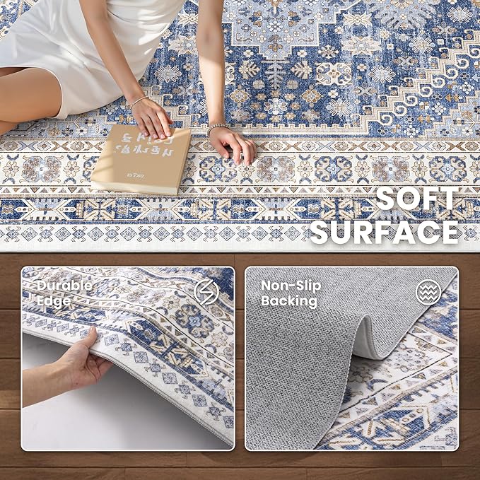 zesthome 5x8 Area Rugs - Ultra-Thin Washble Rug, Stain Resistant Anti Slip Backing Rugs for Living Room,Bedroom, Vintage Home Decor Area Rug (Blue/Beige,5'x8')