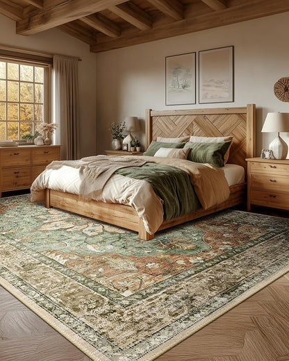 Area Rugs Square 8ft Washable Non-Slip, Floral Vintage Distress Print Pattern Medallion Carpet for Living Room Bedroom Dining Room, Brick Red Rust Neutral Brown Burnt Orange Green