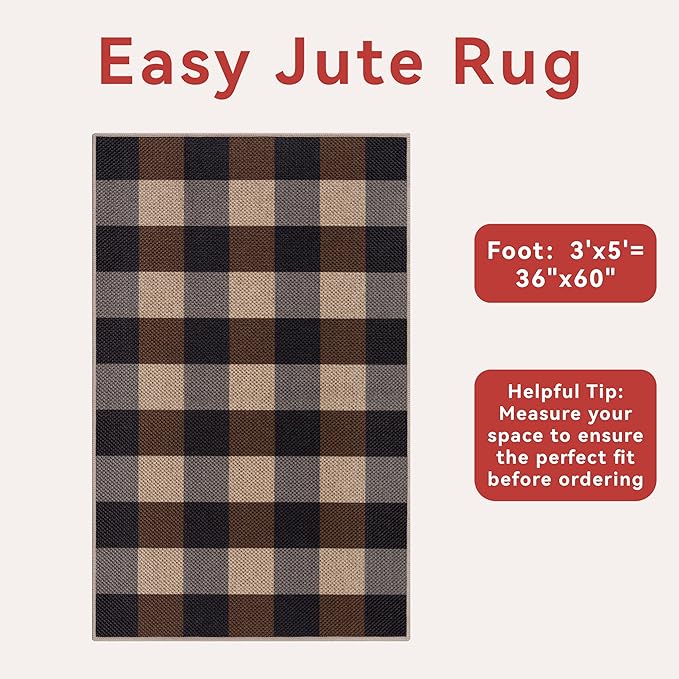 Tangsoo Checkered Easy Jute Rug,3x5 Washable Area Rug for Bedroom,Non-Slip Black Brown Indoor Outdoor Rug Modern Farmhouse Low Pile Carpet for Bedroom Patio Backyard Entryway