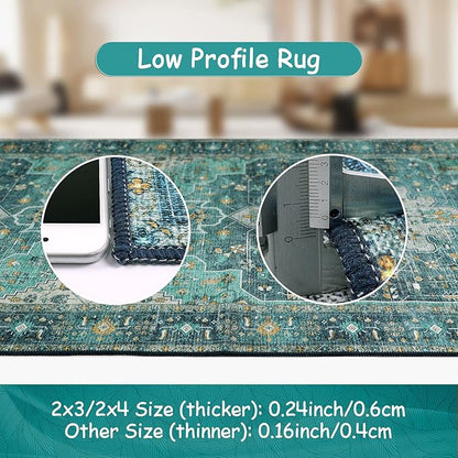 Moynesa Ultra-Thin Washable Vintage Area Rug - 3x5 Boho Entry Throw Rug Non-Slip Oriental Medallion Bedroom Mat Non-Shedding Indoor Floor Carpet for Living Laundry Room, Teal/Mutil