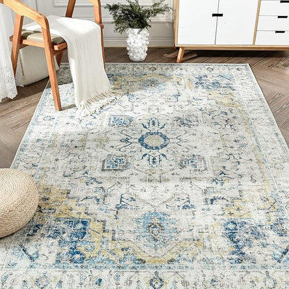 jinchan Kelda Area Rug 6x9 Washable Living Room Rug Vintage Indoor Large Floor Cover Distressed Lightweight Non-Slip Low Pile Thin Mat Accent Stain Resistant Carpet for Bedroom Office Light Blue
