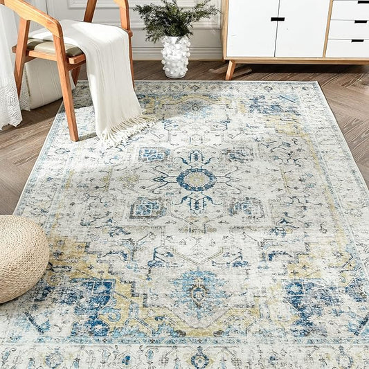 jinchan Kelda Area Rug 6x9 Washable Living Room Rug Vintage Indoor Large Floor Cover Distressed Lightweight Non-Slip Low Pile Thin Mat Accent Stain Resistant Carpet for Bedroom Office Light Blue