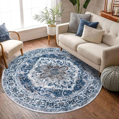 KOZYFLY Round Rug 6 Ft Rugs for Entryway Washable Circle Rug Non Slip Round Living Room Rugs Printed Faux Wool Vintage Round Dining Room Floor Carpet for Living Room, Entryway, Bedroom, Blue
