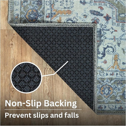 Bloom Rugs Washable Non-Slip 10 ft Runner - Green/Blue Traditional Medallion Runner for Entryway, Hallway, Bathroom, and Kitchen - Exact Size: 2.5' x 10'