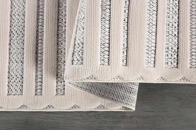CAMILSON Modern Rug 5x7 Luxury Striped Line Micro Loop Area Rugs Soft High-Low Pile Stain Resistant Easy to Clean Non-Shedding Durable Living Room Bedroom Indoor Carpet (White)