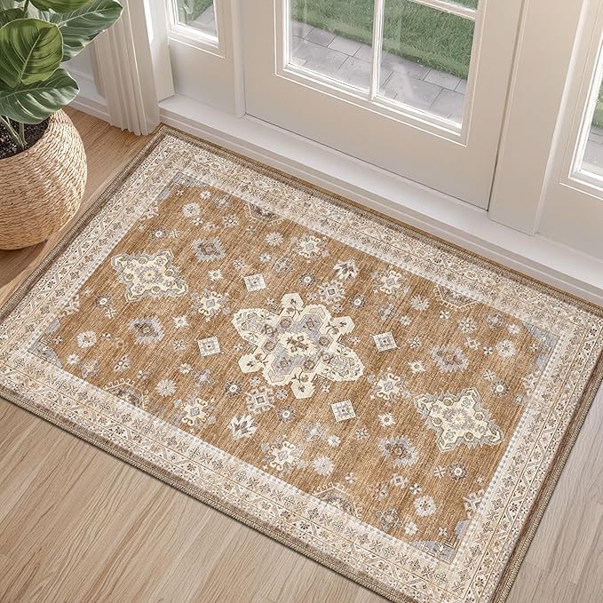 LUMI Indoor Thin Door Mat, 36x59 Washable Small Inside Doormat, Non Slip Low Pile Oriental Floor Carpet, Vintage Distressed Area Rug for Front Door,Entrance,Bedroom, Amber