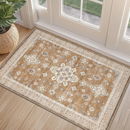 LUMI Indoor Thin Door Mat, 36x59 Washable Small Inside Doormat, Non Slip Low Pile Oriental Floor Carpet, Vintage Distressed Area Rug for Front Door,Entrance,Bedroom, Amber