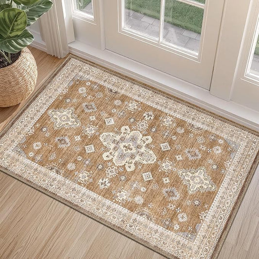 LUMI Indoor Thin Door Mat, 32x47 Washable Small Inside Doormat, Non Slip Low Pile Oriental Floor Carpet, Vintage Distressed Area Rug for Front Door,Entrance,Bedroom, Amber