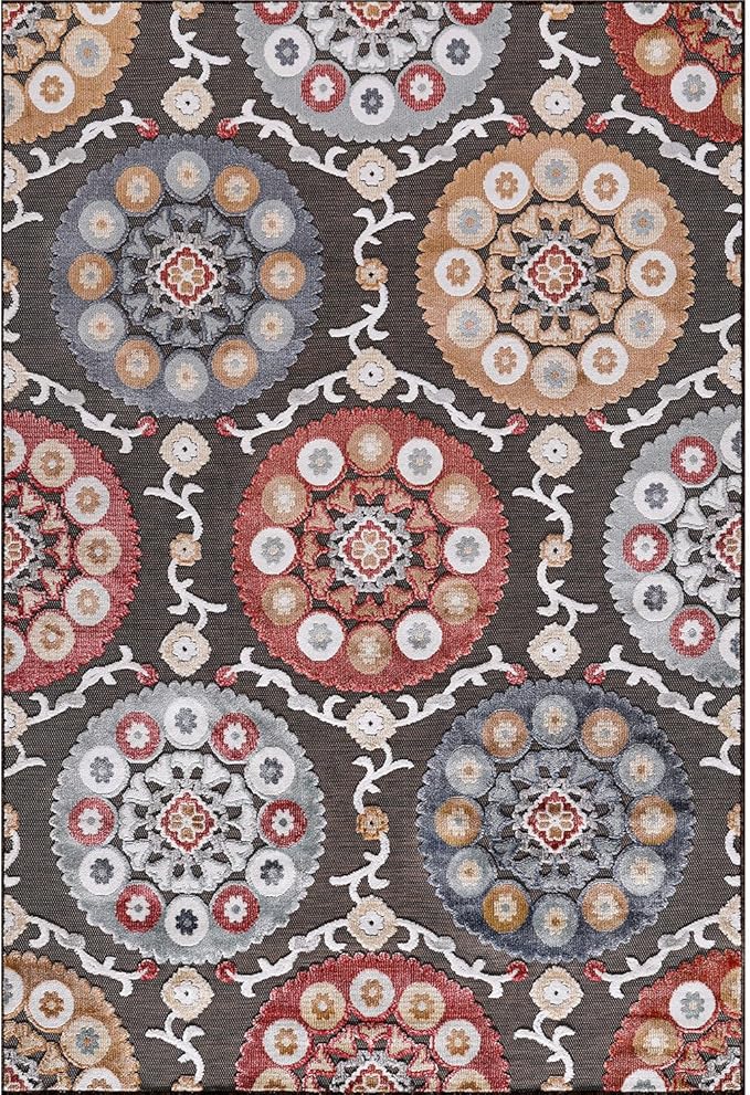 CAMILSON Indoor Outdoor Rug 9x12 Bohemian Medallion Floral Area Rugs for Indoor and Outdoor Patios Easy-Cleaning Non-Shedding Living Room Garden and Kitchen Washable Outside Carpet (9 x 12 / Brown)