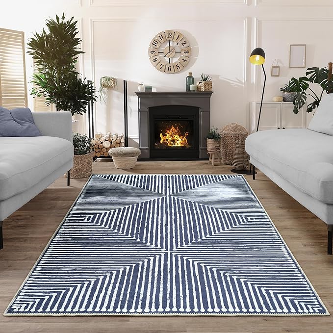 Bloom Rugs Washable Non-Slip 6' x 9' Rug - Blue Striped Area Rug for Living Room, Bedroom, Dining Room, and Kitchen - Exact Size: 6' x 9'