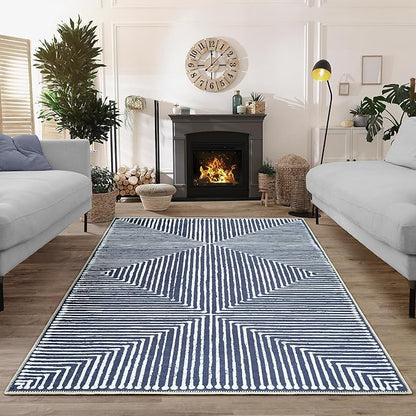 Bloom Rugs Washable Non-Slip 6' x 9' Rug - Blue Striped Area Rug for Living Room, Bedroom, Dining Room, and Kitchen - Exact Size: 6' x 9'