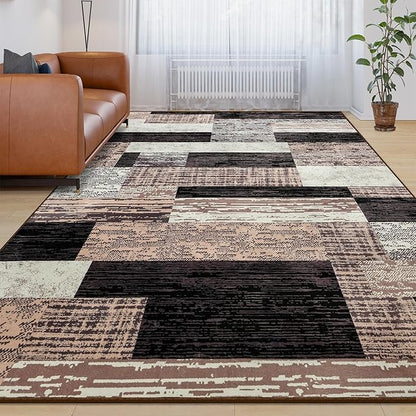 Large Area Rugs,Modern Geometric Patchwork Floor Decor for Bedroom Aesthetic Carpet, Rockwood Collection, Indoor Rugs for Living Room Dining Room Nursery Office Machine Washable Rug, 8x10 Ft Chocolate