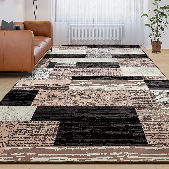 Large Area Rugs,Modern Geometric Patchwork Floor Decor for Bedroom Aesthetic Carpet, Rockwood Collection, Indoor Rugs for Living Room Dining Room Nursery Office Machine Washable Rug, 5x8 Ft Chocolate