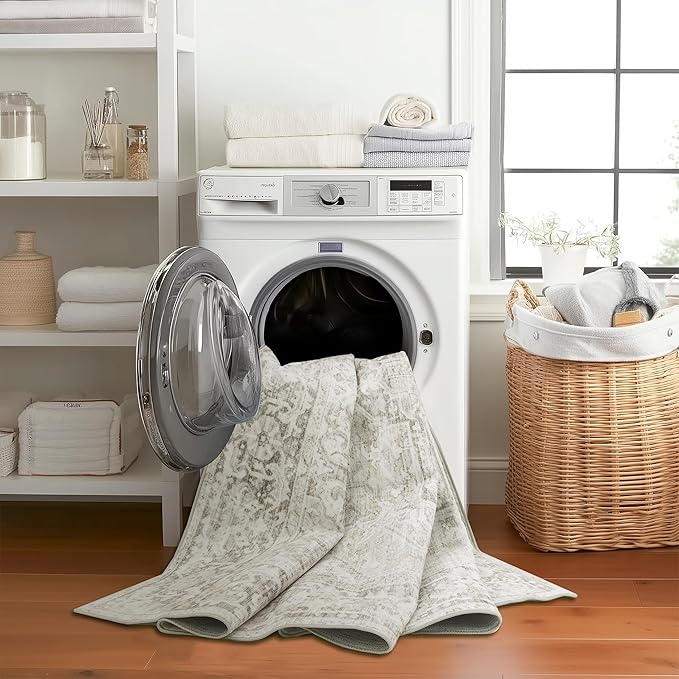 ReaLife Rugs Machine Washable Area Rug - Living Room Bedroom Bathroom Kitchen Entryway Office - Padded Low Pile Stain Resistant Premium - Boho Farmhouse Vintage - Lyle - Beige Ivory 6' Round