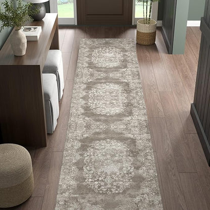jinchan Hallway Runner Rug 2x10 Vintage Floral Distressed Design - Machine Washable Non-Slip Low-Pile Soft Thin Faux Wool Kitchen Carpet for Farmhouse Bedroom Laundry Room(2x10ft, Brown)