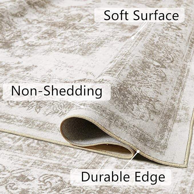 Runner Rug 2x5 Beige Hallway Washable Carpet Non Slip Vintage Medallion Carpet Low Pile Soft Distressed Retro Indoor Long Rug for Entryway Kitchen Bathroom Laundry Bedroom